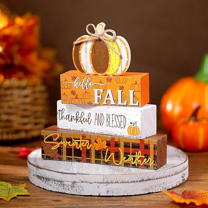 Geelin 4 Pcs Thanksgiving Decorations Fall Wooden Sign Pumpkin Tiered Tray Decor Hello Fall Table Centerpiece Wood Blocks Table Top Sign for Home