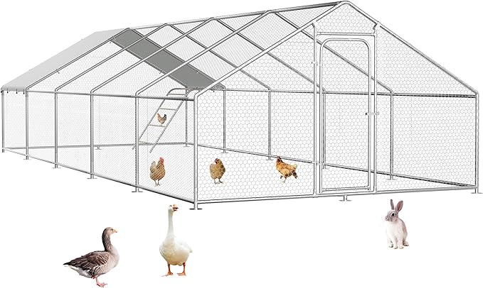 Large Metal Chicken Coop with Roosting Perch, Waterproof and UV Protection Cover, Chicken Run Outdoor Walk-in Cage Chicken Rabbit Duck Hen House, Spire Roof (10'W x 32.8'L x 6.4'H)