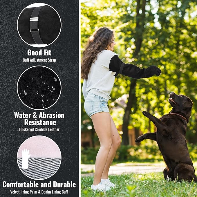 Animal Handling Gloves Bite Proof, Thickened Leather Cat Gloves for Scratching, Falconry, Welding, 23.6 inch Black