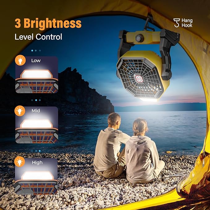 10400mAh Solar Fan with LED Lantern, Camping Fan with 7W Solar Panel, Rechargeable Solar Powered for Outside, Quiet Battery Operated Tent for Picnic, Barbecue, Fishing, Travel