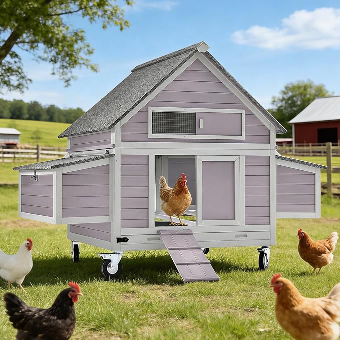 Aivituvin Chicken Coop with Wheels Large Poultry House with Two Nesting Boxes Outdoor Wooden Hen cage