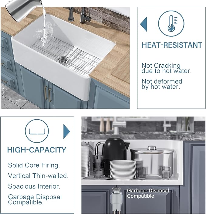 White Farmhouse Kitchen Sink 30 x 20 Inch, Firecaly Apron Front Undermount Farm Sink Deep Single Bowl for Kitchen, w Custom Accessories 2 Types