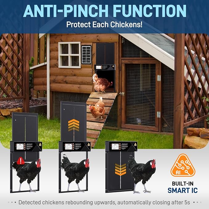 Large Solar Automatic Chicken Coop Door with Timer & Light Sensor, Aluminum Poultry Door with LCD Display, Remote Control & Manual Mode, Predator-Proof Auto Open Close Door for Chickens Ducks Hens