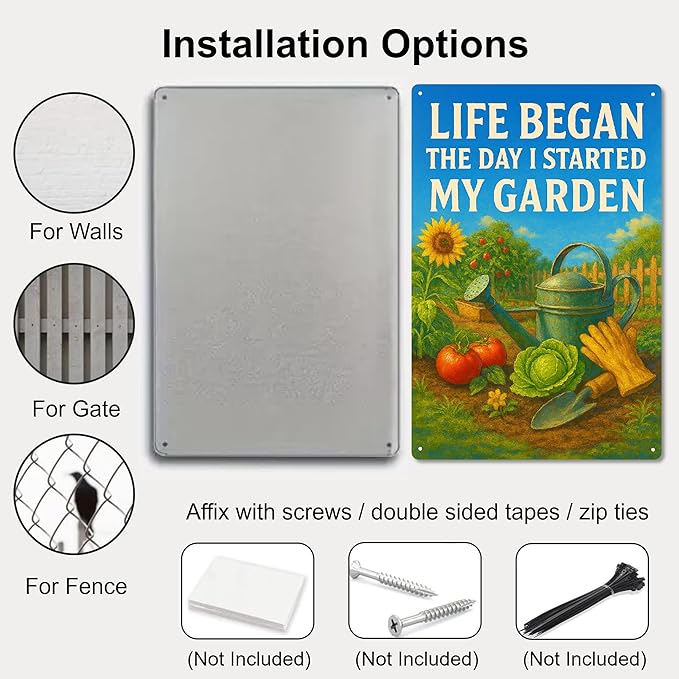 Funny Garden Signs Decorative Outdoor, “Life Began the Day I Started My Garden”Signs for Outside – Vintage Metal Yard Decor for Fence, Greenhouse – Cool Gardner Gifts for Gardening Lovers -8x12 Inch