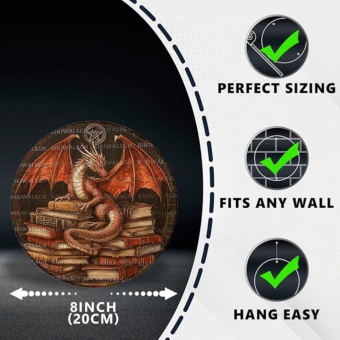 Dragon Decor Vintage Round Metal Sign Retro Books Tin Sign Wall Decor Bedroom Living Room Cafe Library Bookshelf Office 8 * 8 In