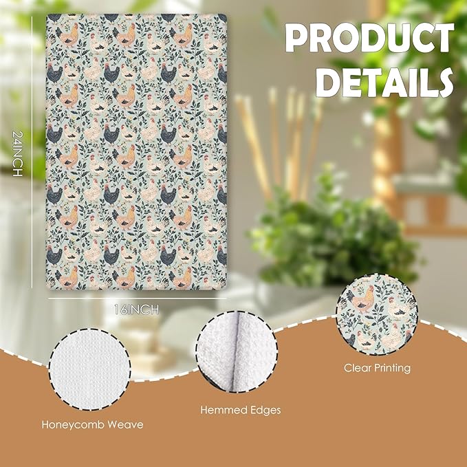 Rustic Floral Chicken Kitchen Towels, Chicken Lover Mom Lady Gifts Decorative Dish Tea Towels for Kitchen, Countryside Animal Hens Hand Towels for Bathroom, 16x24 Inches