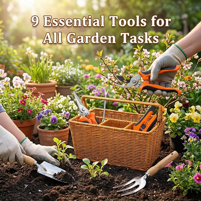 Garden Tools Set with Basket, 9-Piece Garden Tools for Gardening with Woven Organizer, Complete Gardening Hand Tools Set Gift for Women Men