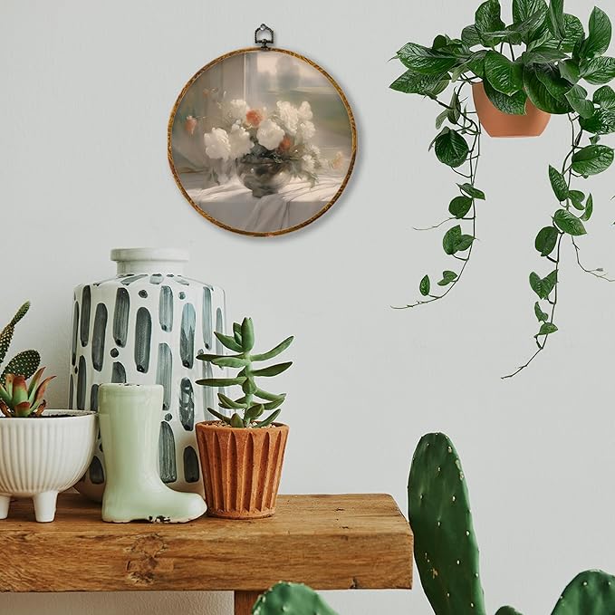 Hiuwevt Vintage Floral Round Wall Art Decor, Neutral Still Life Flower Framed Canvas Prints, Cottagecore Shabby Chic Round Wall Hanging Decor for Home Living Room Decorations, 10x10 Inches