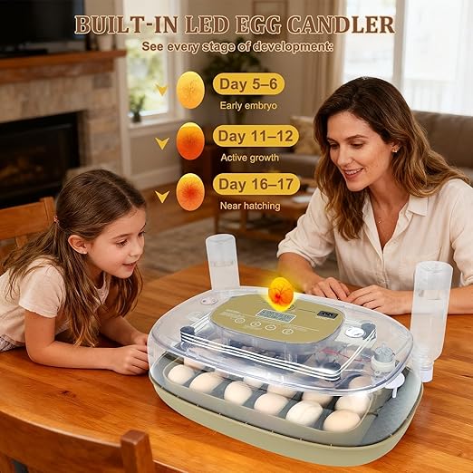 3rd Gen - 24 Egg Automatic Incubator, Stage-Based Adaptive Humidity with Auto-Refill, Stable Temp Control, Flexible Spacing, Adjustable Auto Turning & Lockdown, Custom Incubation Days, Candler, Alarm