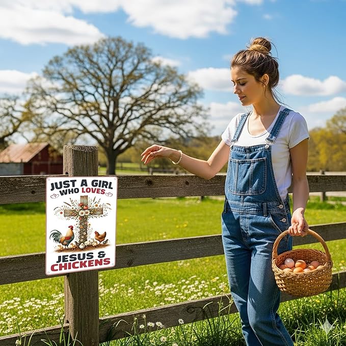 Funnysign Chicken Gifts for Women Girls Vintage Just A Girl Who Loves Jesus&Chickens Tin Sign for Chicken Coop Farm Kitchen Garden Yard Decor 8x12 inch (3908)
