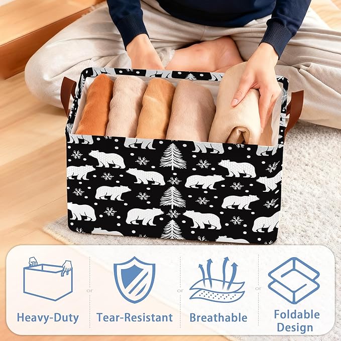 Bear Forest Collapsible Storage Box,Snowflake Winter Organizer Bin with Handles for Room Decoration,Bins Book Basket Box 17x11.5x10Inch