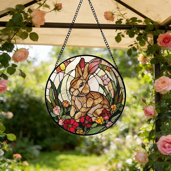 Stained Glass Window Hanging, Cute Bunny Flowers Sun Catcher for Window Door Home Decor, Rabbit Suncatcher Christmas Mother's Day Birthday Gifts for Women Men Mom and Nana 7.8 in