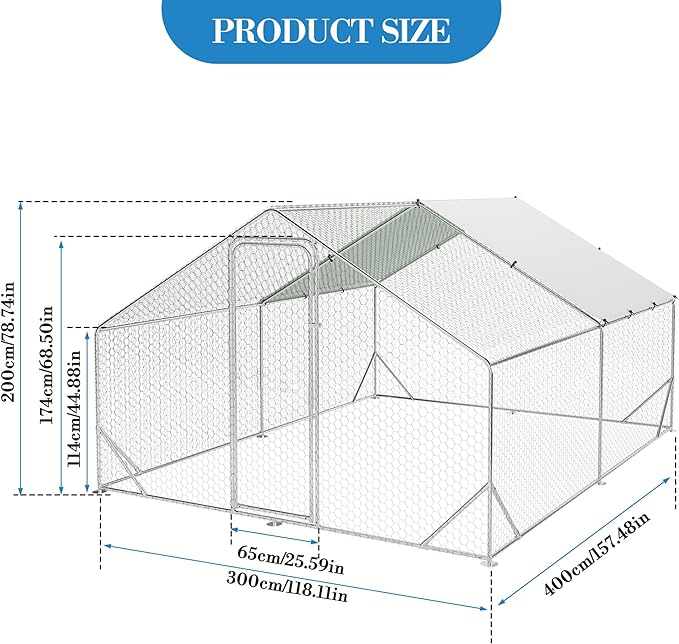 Large Metal Chicken Coop, 13.1'L x 9.8'W x 6.6'H Walk-in Poultry Cage, Chicken Run Pen House with Waterproof & Anti-Ultraviolet Cover Chicken Coop Run for Outdoor Backyard Farm