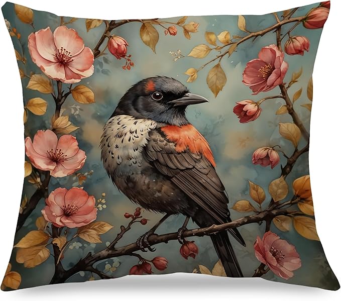 Vintage Floral Spring Bird Pillow Covers 18x18, Bird Decor for Home, Vintage Nature Cottagecore Floral Botanical Birds Throw Pillow Covers for Home Living Room Bedroom
