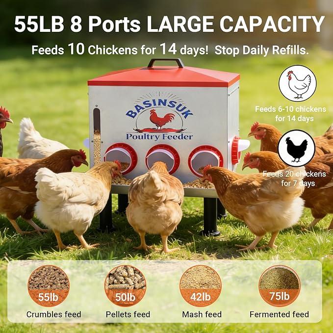 10Gal 55lb Automatic Chicken Feeder 8 Ports, Large Metal Poultry Feeder No Waste Rat-Proof with Window & Catchment Tray, Height Adjustable Waterproof Rust-Proof for Backyard Coop Duck Turkey