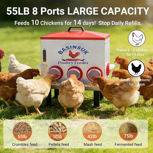 10Gal 55lb Automatic Chicken Feeder 8 Ports, Large Metal Poultry Feeder No Waste Rat-Proof with Window & Catchment Tray, Height Adjustable Waterproof Rust-Proof for Backyard Coop Duck Turkey