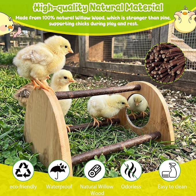 Mini Chick Perch with Mirror, Natural Willow Wood Roosting Bar for Coop&Brooder, Anti-Slip Training Perch for Baby Chicks, El Pollitos, La Pollita, Easy to Assemble&Clean, Fun Toys for Chick