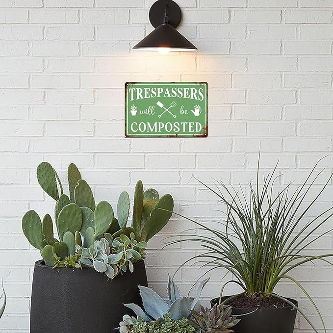 Generic Trespassers Will Be Composted Vintage Metal Tin Sign Funny Garden Sign Warning Sign Garden Decorations Garden Wall Decor Art Plaque Farmhouse Yard Art Vintage Outdoor Sign 8x12 Inch
