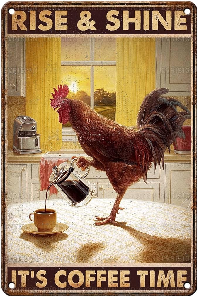 Vintage Chicken Tin Sign Rise & Shine It's Coffee Time Retro Coffee Metal Sign Funny Chicken Lovers Nostalgic Rustic Wall Decor For Home Farmhouse Poultry House Kitchen Cafe Bar 12 * 8In