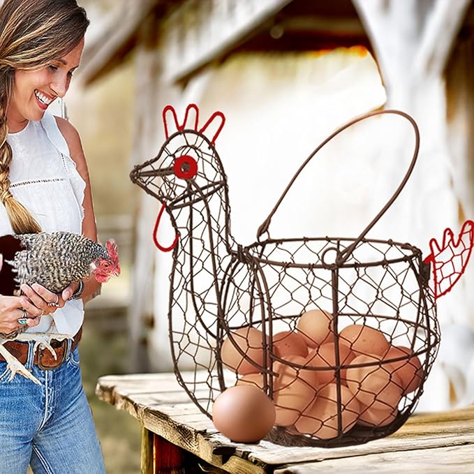 TAIANLE. Wire Chicken Egg Basket for Gathering Fresh Eggs, Rustic Rooster Shaped Egg Collecting Basket for Farm Fresh Eggs with Handle, Kitchen Countertop Storage, Vintage Farmhouse Decor Organizer