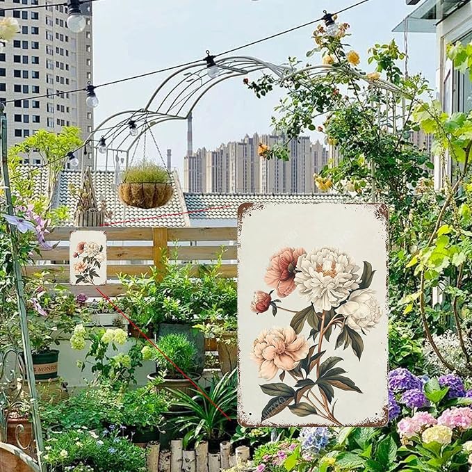 Flowers Metal Signs Peony Sign Vintage Tin Sign Retro Wall Art Decor for Living Room Bedroom Garden Yard Shop Bar 8×12 Inches