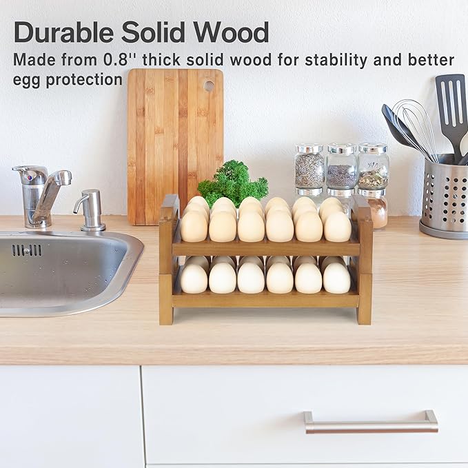 2-Tier Wooden Egg Holder for 36 Eggs, Wooden Egg Holder Countertop with Carry Handle for Chicken, Duck, and Quail Eggs (Stackable)
