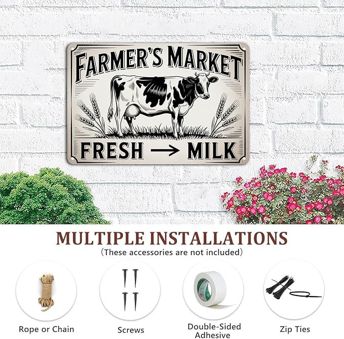 Farmer's Market tin sign, Vintage Farm Fresh Milk Cow Metal Sign print Aesthetic Room Decoration for Home Bedroom Kitchen Bar Coffee Bathroom Indoor Outdoor Wall Decor, 8 X 12 IN
