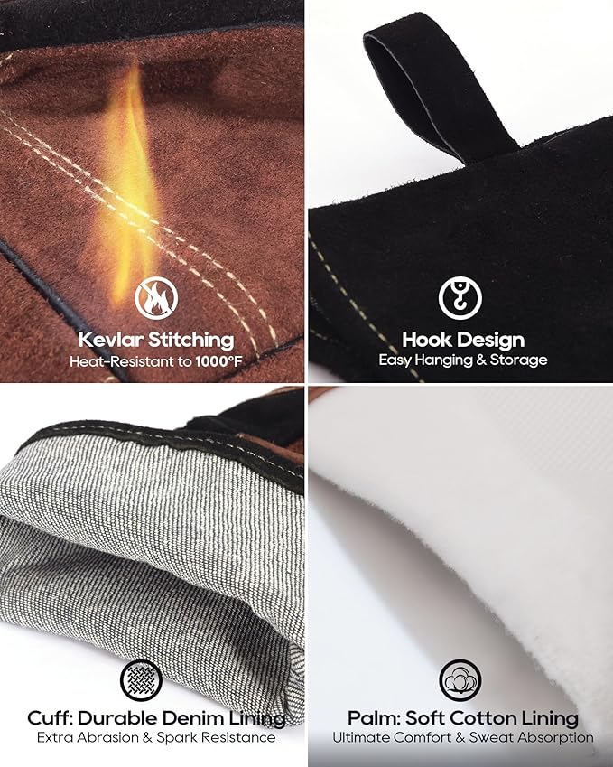 TOPDC Welding Gloves 16Inch 1000℉Heat/Fire Resistant Reinforced Leather Fireproof Gloves with Kevlar Stitching for Mig, Tig, Stick, Forge, BBQ, Grill, Oven, Fireplace, Furnace, Animal Handling, SMALL