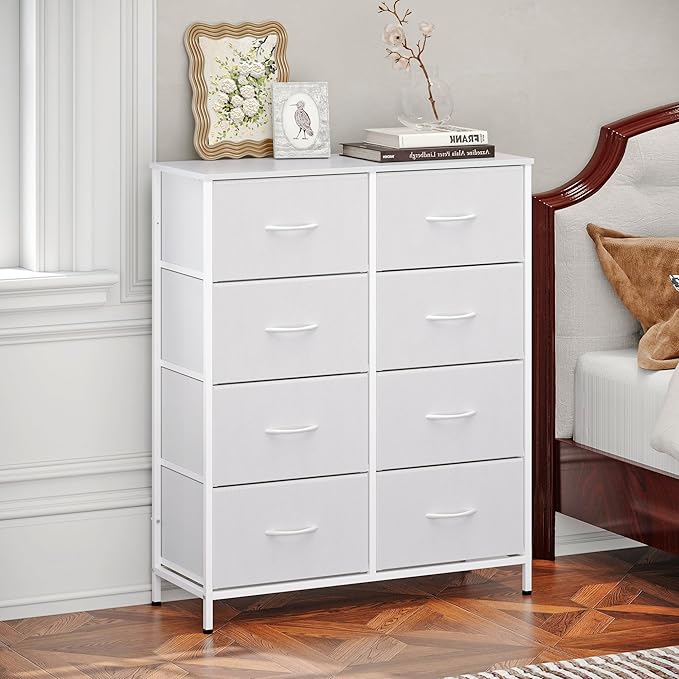 WelFurGeer 8 Drawer Fabric Dresser with Sturdy Metal Frame, Tall Dresser with Fabric Bins, Storage Chest of Drawers for Bedroom, Closet, Kids Room Organization, White