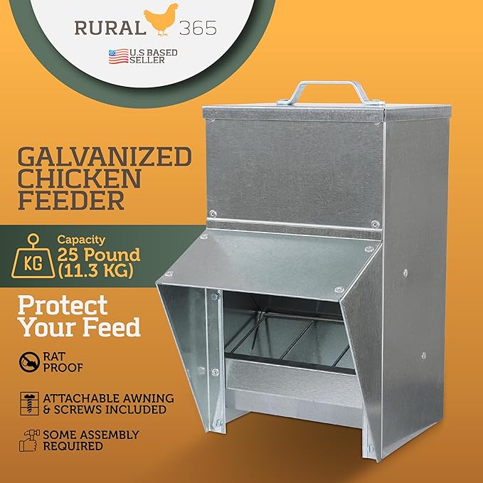 Rural365 25lb Capacity Galvanized Chicken Feeder Weatherproof Coop Dispenser