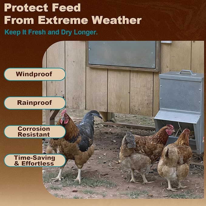 vensovo Galvanized Chicken Feeder - 25Lbs Outdoor Waterproof Metal Feeder with Lid, Coop Food Dispenser No Waste for Chicken, Haning or Stand