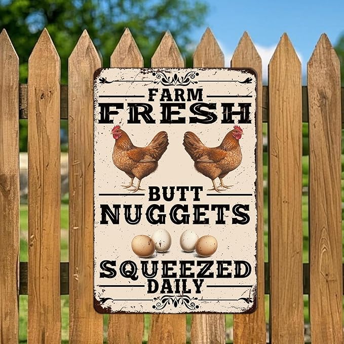 Funny Chicken Coop Tin Sign Vintage Farm Fresh Butt Nuggets Chicken Metal Sign Home Kitchen Outdoor Farmhouse Garden Wall Decor Poster 12x16 Inch