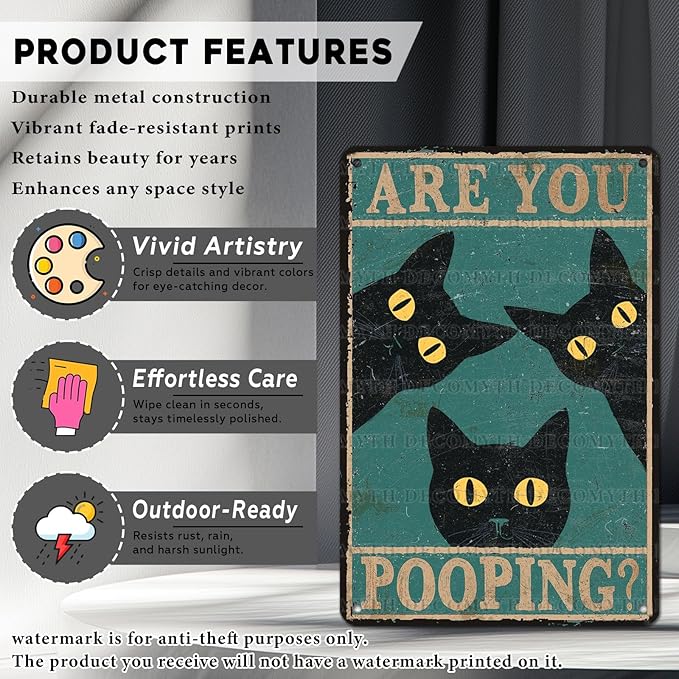 Black Cat Vintage Tin Sign Are You Pooping Metal Tin Sign for Bathroom Decor Poster 12 * 8inch