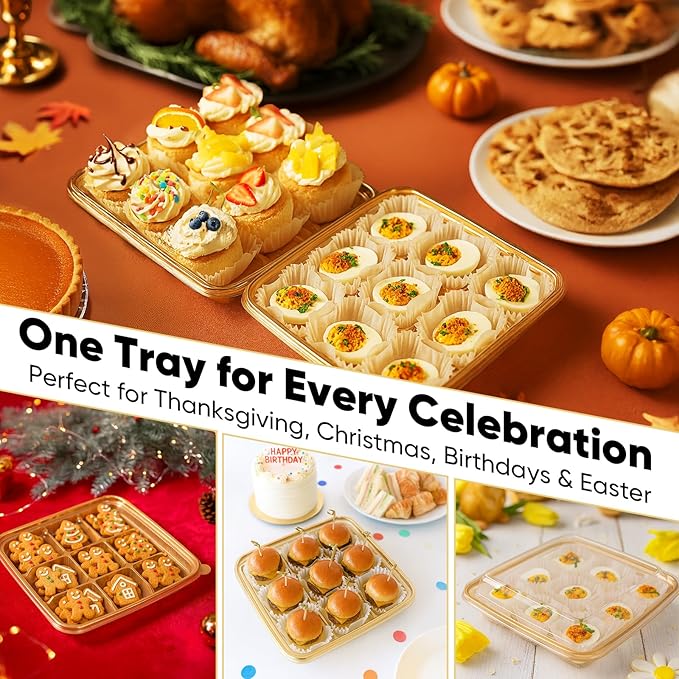 77L 72 Eggs Clear Deviled Egg Tray with Lid – Gold Plastic Party Serving Tray with Greaseproof Paper for Deviled Eggs, Sushi & Desserts