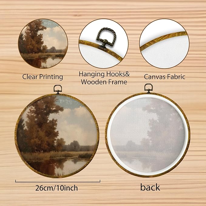 Hiuwevt Vintage Farmhouse Landscape River Round Wall Art Decor, Country Moody Marshland Framed Canvas Prints, Rustic Round Wall Hanging Decor for Home Bedroom Living Room Decorations, 10x10 Inches