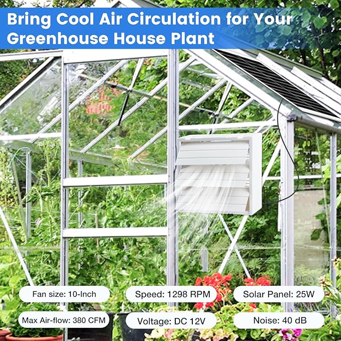 Solar Exhaust Fan, Solar Powered Vent Fan Kit for Outside Greenhouse Shed Chicken Coop (10" Fan)