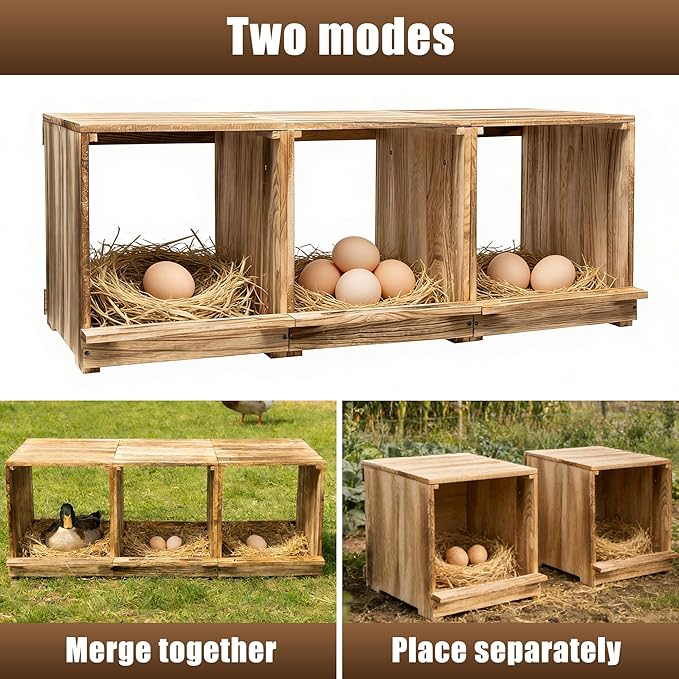 Nesting Boxes for Chickens, Oltara 3 Compartment Carbonized Wooden Egg Laying Nest Box for Chickens, Hens, Ducks