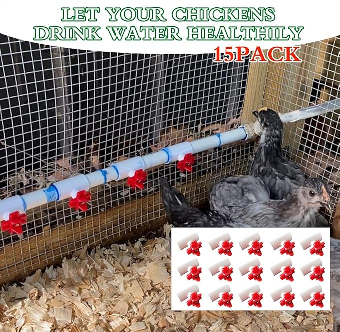 15-Pack Horizontal Chicken Nipples Waterer with 1/2" PVC Tee Fittings, Automatic Poultry Waterer Kit for DIY Chicken Duck Quail Watering System, Side Mount Drinker