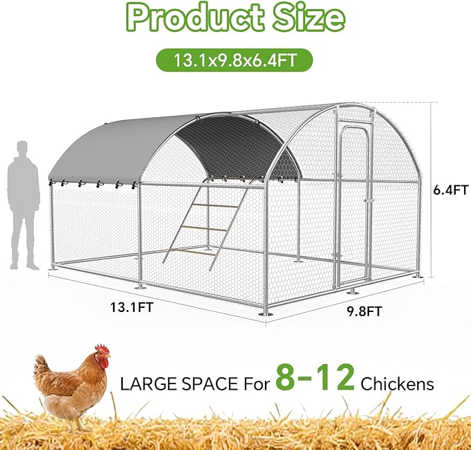 Large Metal Chicken Coop with Roosting Perch, Waterproof and UV-Resistant Cover, Outdoor Walk-in Cage Hen House for Yard Farm Rabbit Duck Chicken Run Dome Roof (10’ W x 13.2’ L x 6.4’ H)