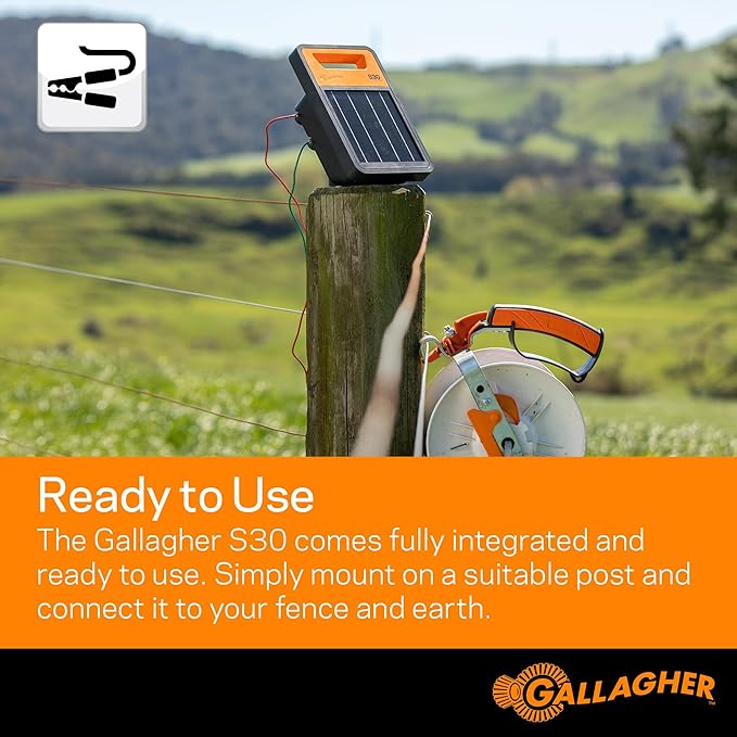 Gallagher S30 Solar Electric Fence Charger with 1,640 Ft Poly Wire | Complete Electric Fencing Kit for Livestock, Small Pastures, and Predator Control | Solar Powered Energizer with Bonus Polywire Rol