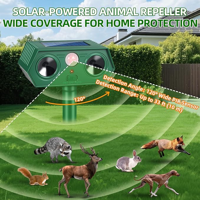 2026 IP65 Deer Repellent Devices Racoon Squirrel Sonic Fortress Pro, Solar Ultrasonic Animal Repeller Outdoor Cat Deterrent with Motion Sensor to Scare Rabbit Skunk Dog Out of Garden Farm(4Pack)