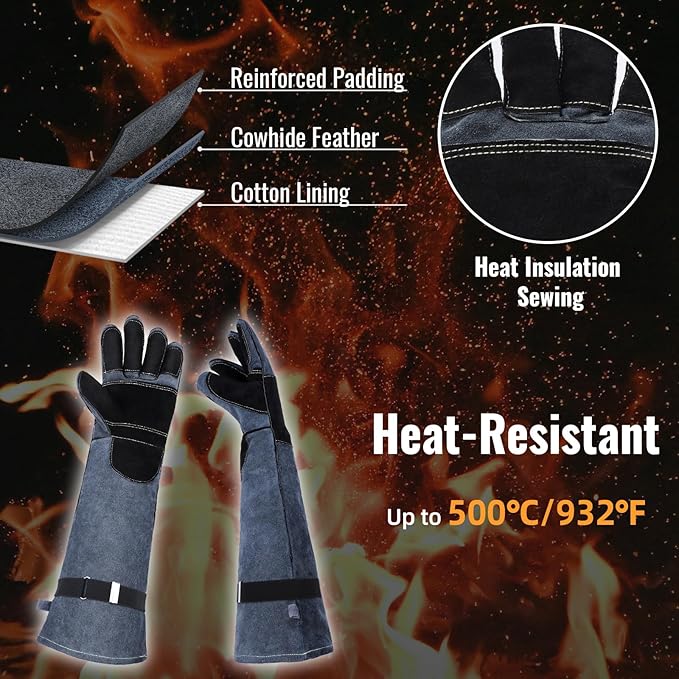 Heavy Duty Animal Handling Gloves - Cat Gloves Bite Proof, Ideal for Dog Training, Falconry, Welding, Gardening - 21.6 inch Grey Black
