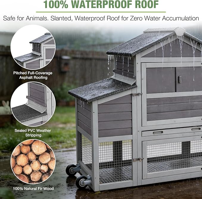Mobile Chicken Coop Large Hen House Poultry Cage with Wheels, Weatherproof Asphalt Roof, Sectionable Nesting Box, Leakproof Pull-Out Tray for 4-6 Chickens, 82.4" L x 25.8" W x 44.1" H (Grey)