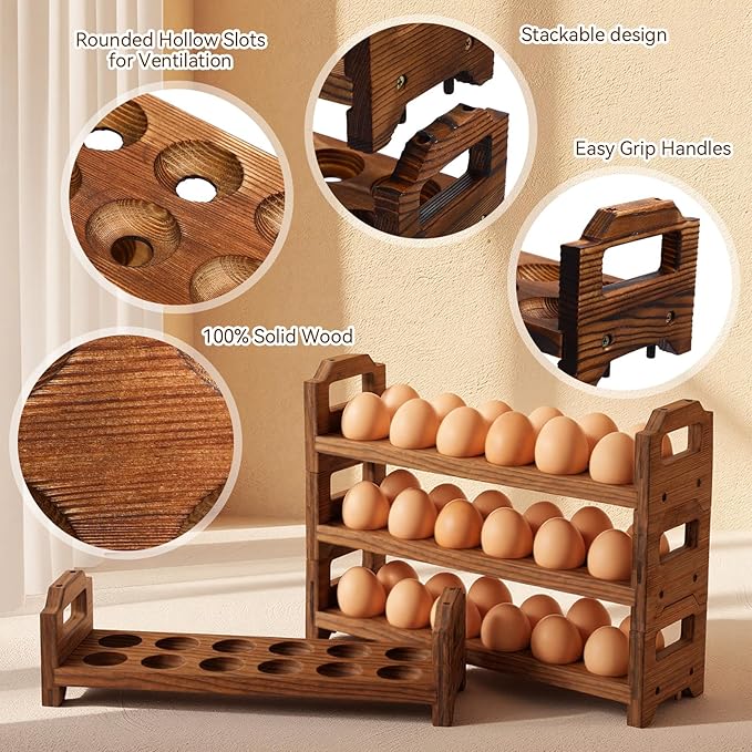 LemonRoad 4 Tier Wooden Egg Holder for Countertop, Pine Stackable Fresh Egg Storage Farmhouse Collecting Rack for Gathering Kitchen Organizer Duck Eggs Display, Stackable with 48 Eggs