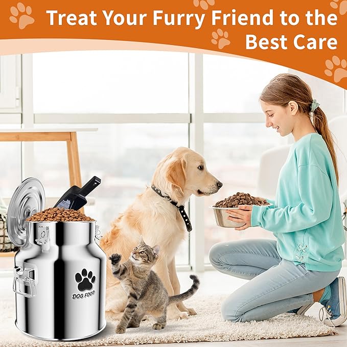 Metal Dog Food Storage Container 18Lbs, Stainless Steel Dog Food Storage Container with Lids Airtight, Pet Food Storage Container for Dogs, Cat Food Bin with Spoon, Keep Food Fresh, Easy to Clean