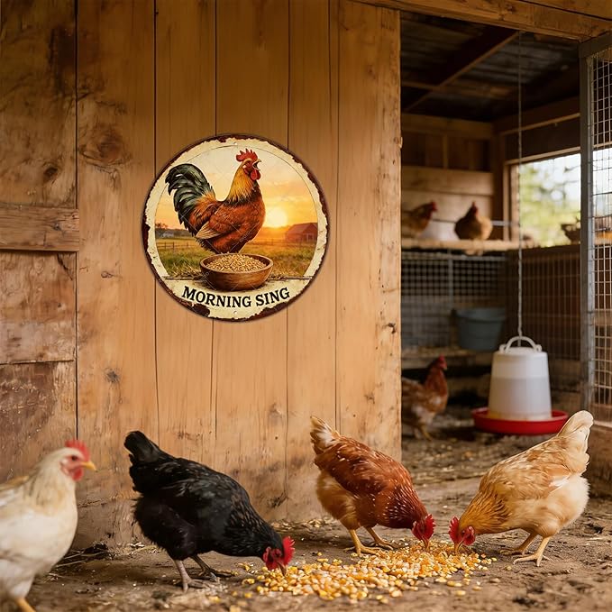 Chicken Signs Rooster Kitchen Round Wall Decor Morning Sing Metal Tin Sign Funny Chicken Coop Accessories Rooster Decor Home Garden Farm Yard Office 12 Inch