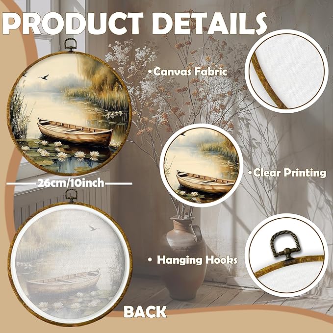 CUANFDDSF Vintage Rustic Farmhouse Round Wall Art, Nature Rowboat on Pond Framed Hanging Wall Decor, Cottagecore Lakeside Landscape Canvas Prints Decorations for Home Bedroom Living Room, 10x10 Inch