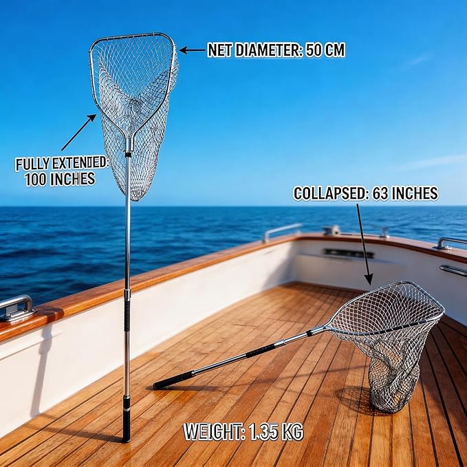 Heavy Duty Stainless Steel Animal Catch Net with Telescoping Handle, 50cm Large Square Head & Dual Lock System, Adjustable Length for Farm Garden and Rescue Use