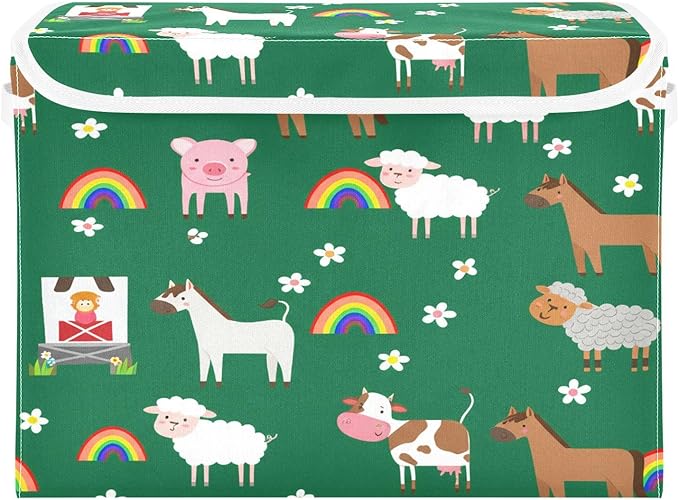 Storage Box Farm Animal Pattern Storage Bins with Lids, Larger Collapsible Fabric Storage Baskes with Handles for Living Room, Playroom, Bedroom, Nursery 16.5x12.6x11.8 Inch