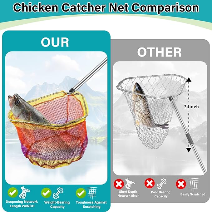 Chicken Catcher Net,37 to 93in Chicken Catcher Leg Hook Extra Long Handle Animal Catcher Pole Heavy Duty with Frosted Tube Extension Pole Poultry Hook Fowl Catcher (Stainless Steel Tube)